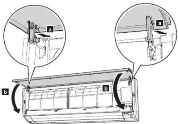 Diagram showing airflow or ventilation system components in an air conditioner unit, with labeled parts a and b indicating different airflow directions.