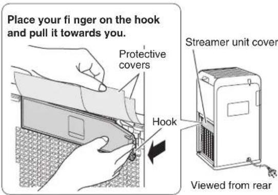 Place your finger on the hook and pull it towards you. Protective covers Hook Streamer unit cover Viewed from rear