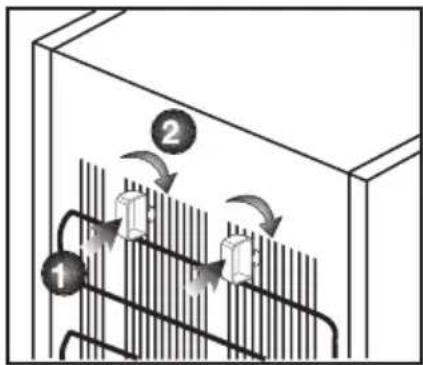 Diagram showing airflow or heat transfer between two containers with labeled components 1 and 2, indicating fluid or material movement.