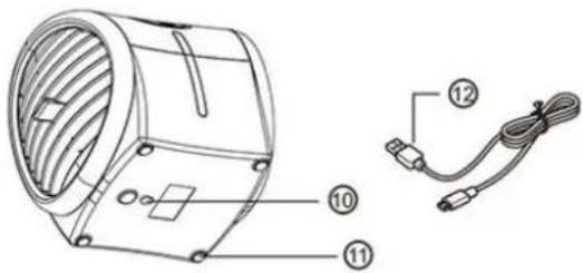 Technical diagram of a fan or vent with labeled components and cable connection details