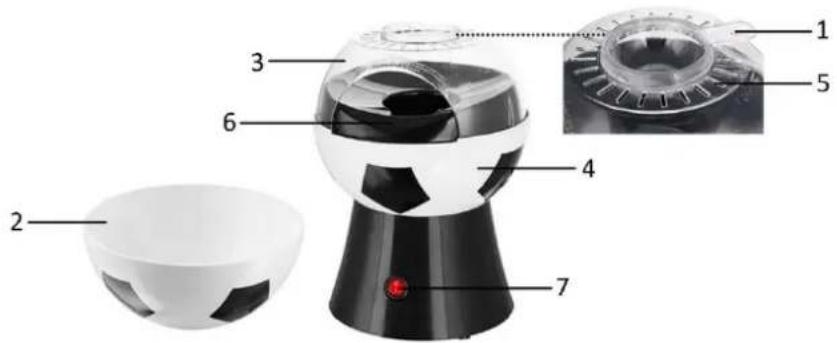 Labeled diagram of a coffee maker with numbered parts and a red indicator light at the base.