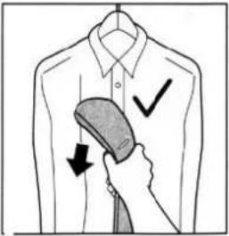 Diagram showing a hand holding a garment with checkmark and arrow indicating movement or inspection, overlaid on a shirt photo.