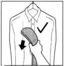 Diagram showing a hand holding a bag with checkmark and arrow indicating direction, likely illustrating a clothing or garment usage scenario.