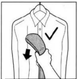 Diagram showing a hand holding a garment with a checkmark and arrow indicating direction, likely illustrating a clothing or garment repair technique.