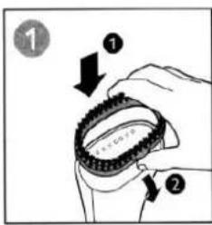 Diagram showing a hand holding a textured circular object with labeled parts and directional arrows indicating movement or process.