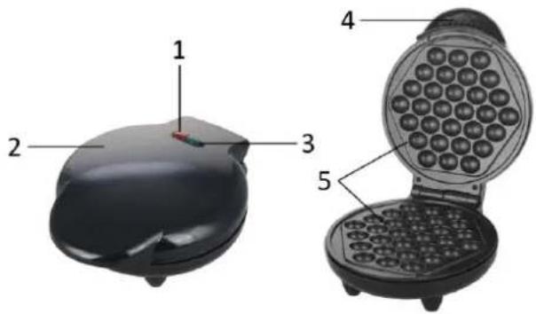 Diagram of a waffle-shaped appliance with labeled parts including one closed and five open, showing internal structure.