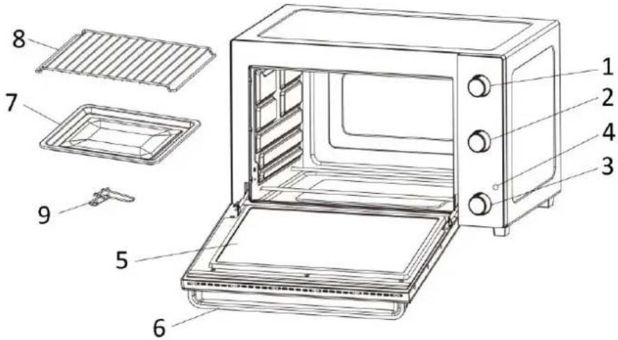 Labeled diagram of a microwave oven with numbered parts for identification