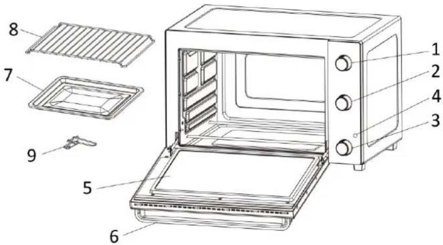 Labeled diagram of a microwave oven with numbered parts for identification