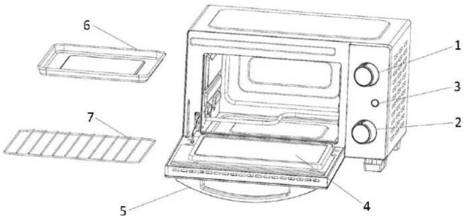 Technical diagram of a microwave oven with labeled parts including tray, grating, and control panel