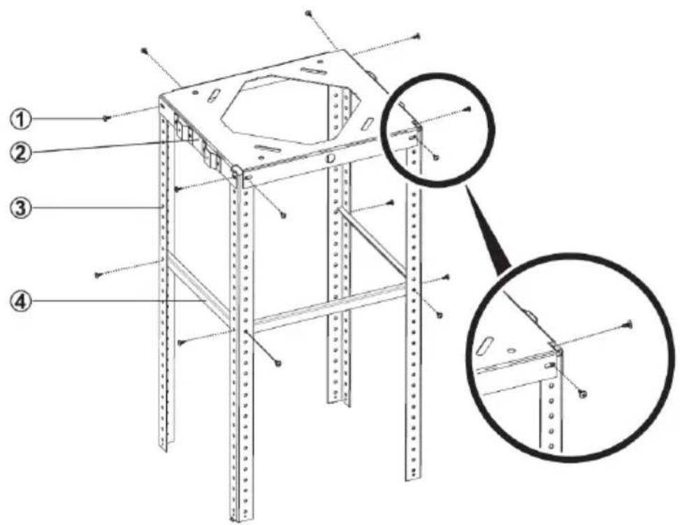 Technical diagram of a structural frame assembly with numbered components and magnified detail views