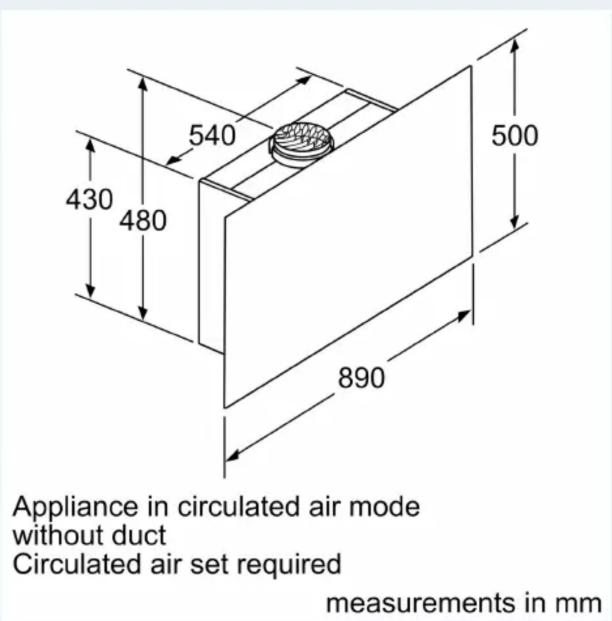 Appliance in circulated air mode without duct Circulated air set required measurements in mm