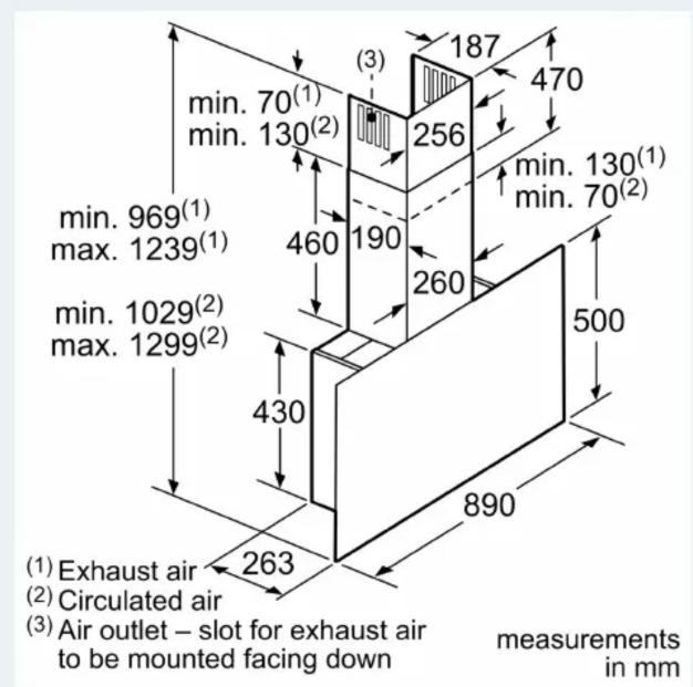 (1) Exhaust air (2) Circulated air (3) Air outlet – slot for exhaust air to be mounted facing down 263 430 460 190 256 187 470 260 890 500 max. 1239(1) max. 1299(2) min. 969(1) min. 130(2) measurements in mm