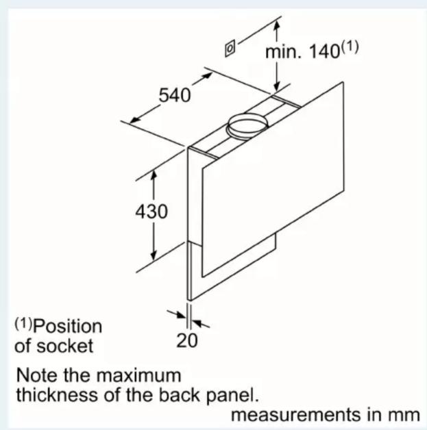 (1)Position of socket Note the maximum thickness of the back panel. measurements in mm 540 430 20 min. 140(1)