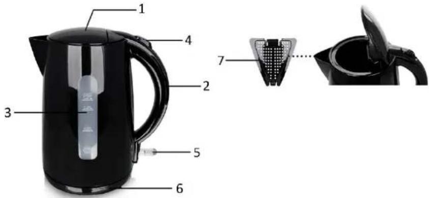 Labeled diagram of a black kettle with numbered parts, showing internal structure and exploded view