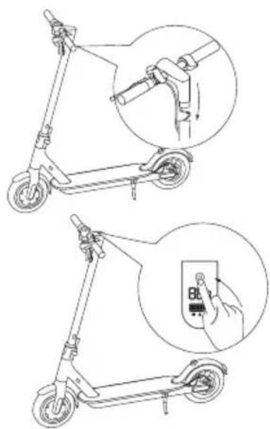 Diagram showing two steps of a scooter with hand gestures and a close-up view of the interior mechanism.