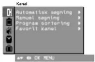 Kanal Automatic segning > Manual segning > Program sortoring > Favorite kanel