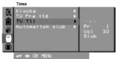 Time Klocks TU Frs tid TU TII Automatisk lock Pr 1 Vol 30 Sluk OK MENU