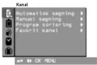 Kanal Automatic segning > Manual segning > Program sortering > Favorite kanel