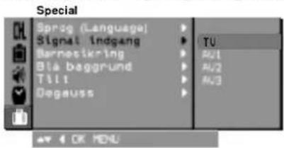 Special Sprug (Language) Signal Indgang Bernestkring Bla baggrund Tilt Degauss TU A/1 A/2 A/3 OK MENU