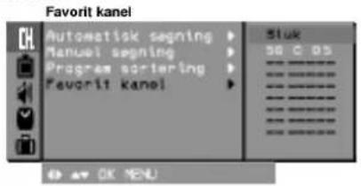 Favorit kanel Automatick segning ▶ Sluck Manuel segning ▶ 56 C OS Program sortering ▶ Favorite kanel ▶ OK MENU