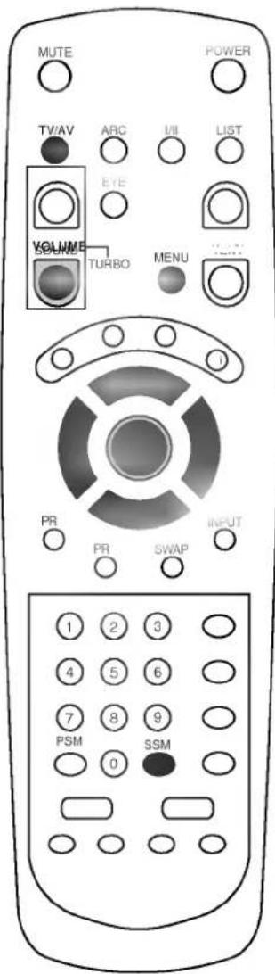 MUTE POWER TV/AV ARC M/I LIST VOLUME TURBO MENU PR PR SWAP INPUT 1 2 3 4 5 6 7 8 9 PSM 0 SSM