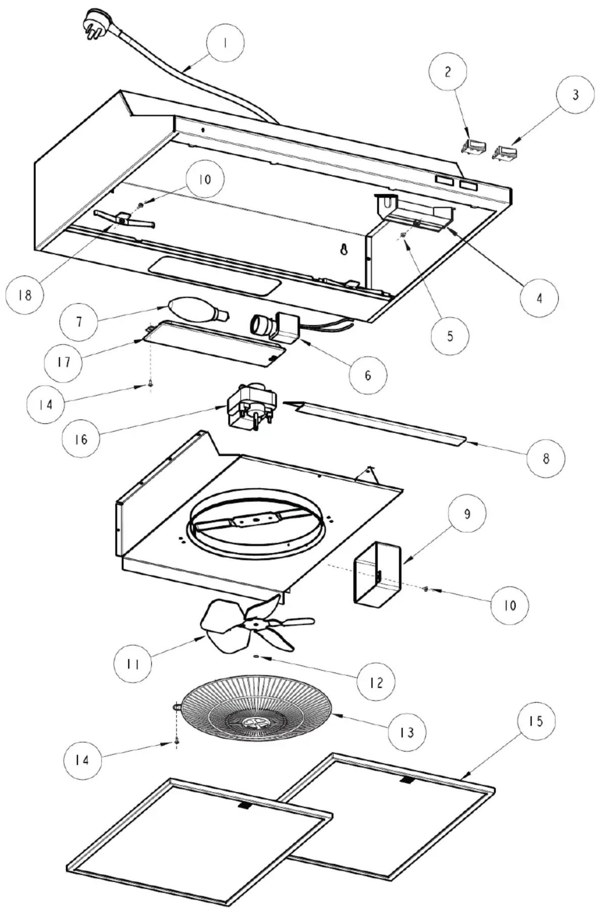 Exploded view diagram of a refrigerator with numbered parts for identification and assembly reference.