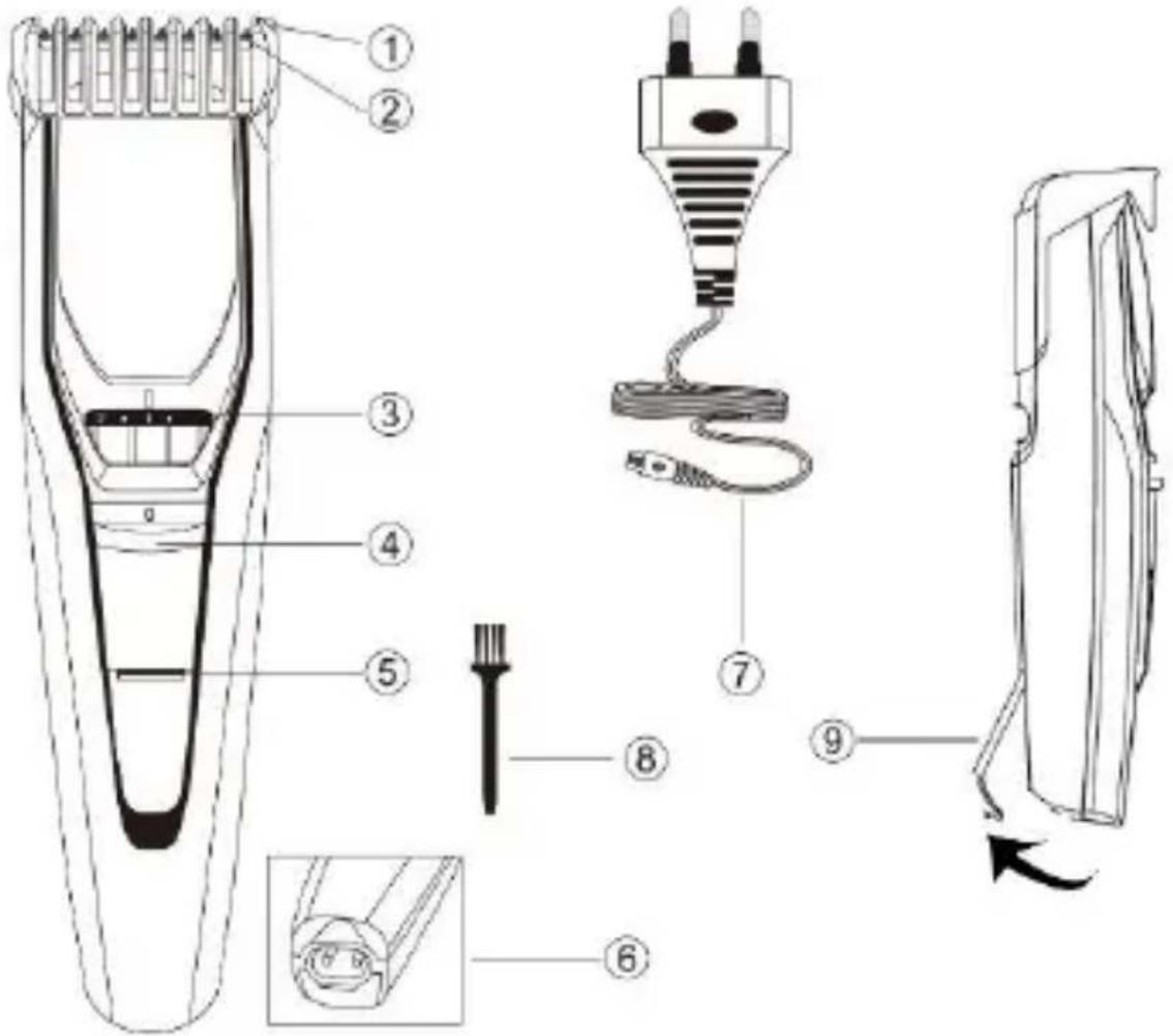 Technical diagram of a hairpin with numbered parts and exploded view, including a clip, cable, and adjustment mechanism.