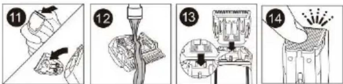 Diagram illustrating four steps of cleaning a plastic bottle, showing hand positioning, cleaning process, and final inspection with a spray bottle.