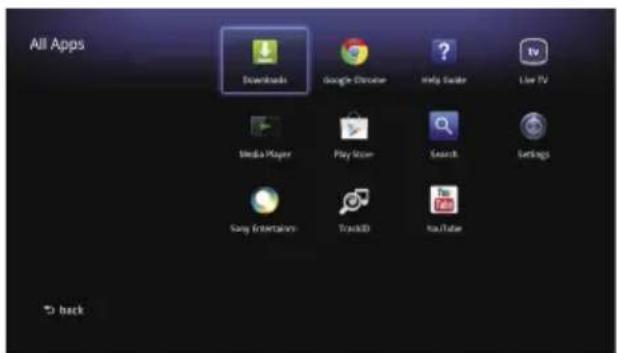 All Apps Downloads Google Browser Help scales Live TV Media Player Play Stream Search Settings Sony Entertainment Voodoo YouTube back