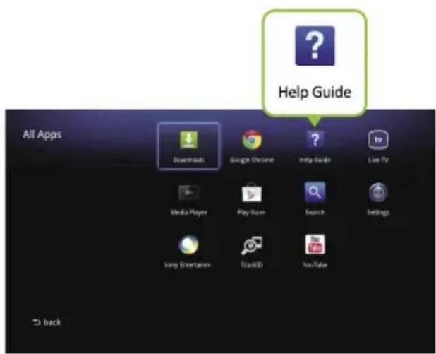 Help Guide All Apps Downloads Google Chrome Help Guide Live TV Media Player Play Tom Search Settings Sony Orientation TrackID YouTube back