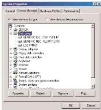 System Properties General Device Manager Hardware Profits Performance View devices by type View devices by connection Computer CERDM File icons GENERICIDE DISK TYPEAP GENERIC NEC FLOATY DISK LGE FMSS Display adapters Flappy disk controllers Hand disk controllers Keyboard Monitors Mouse Network adapters Petro (COM X LPT) Sound, video and game controllers System devices Properties Refresh Remove Buy OK Cancel