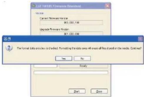 LGF FATELS Software Download Version Current Firmware Version 061.000.100 Upgrade Firmware Version 061.000.000 The format data area must be checked. Formatting the data area will erase all files stored on the media. Continue? Yes No Ready Start Next