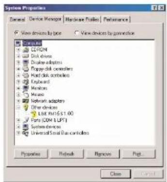 System Properties Dawned Device Manager Hardware Profiles Performance View devices by type View devices by generation Computer CDROM Disk drives Display adapters Poppy disk controllers Hard disk controllers Keyboard Monitors Mouse Network adapters Other devices LSE RM16.51.00 Forte (COM LPPT) System devices Universal Social Bus controllers Properties Refresh Remove Post... Close Cancel
