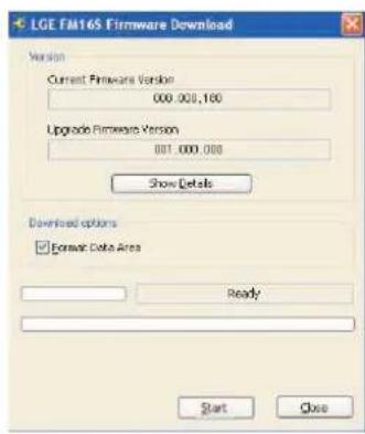 LGE FM16S Firmware Download Version Current Firmware Version 000.000.180 Upgrade Firmware Version 001.000.000 Show Details Download options Format Data Area Ready Start Close