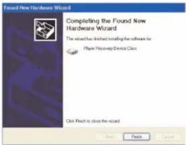 Found New Hardware Wizard Completing the Found New Hardware Wizard The wizard has finished installing the software for Player Recovery Device Class Click Finish to close the wizard. Finish Cancel