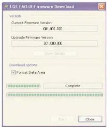 LGE TM1cS Firmware Download Version Current Firmware Version 001.000.000 Upgrade Firmware Version 001.000.000 Show Details Download options ✓ Format Data Area Complete Start Close