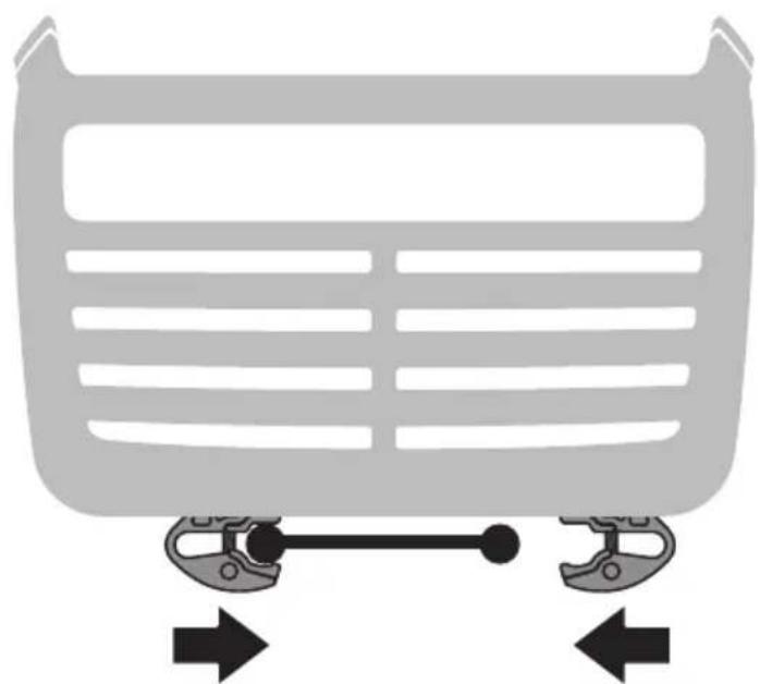 Diagram of a vehicle air vent with two clamps and directional arrows indicating flow or movement (no text or symbols)