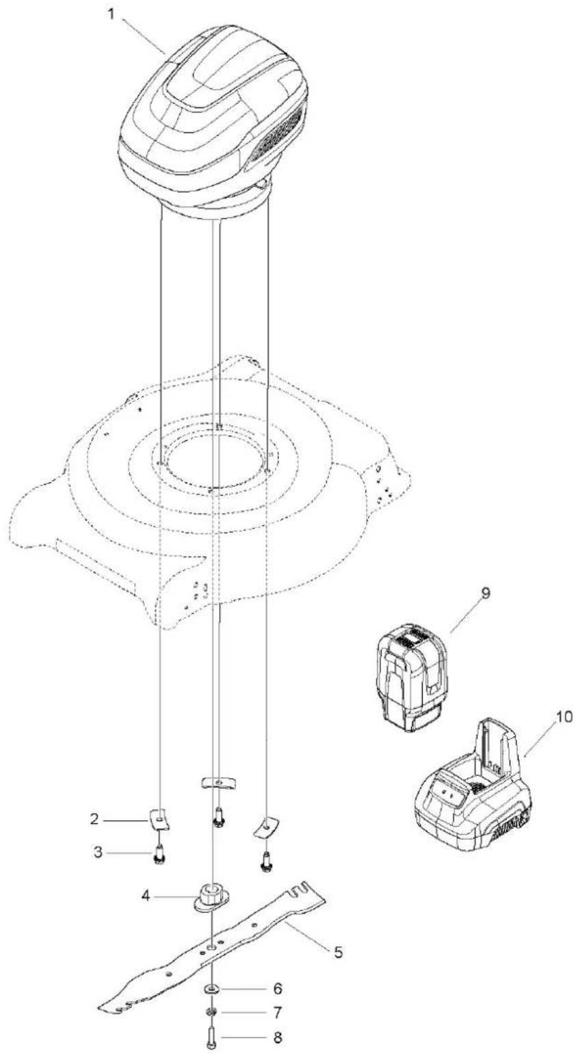 Technical diagram of a mechanical device with numbered parts, including a top-mounted device and labeled parts 1 through 10.