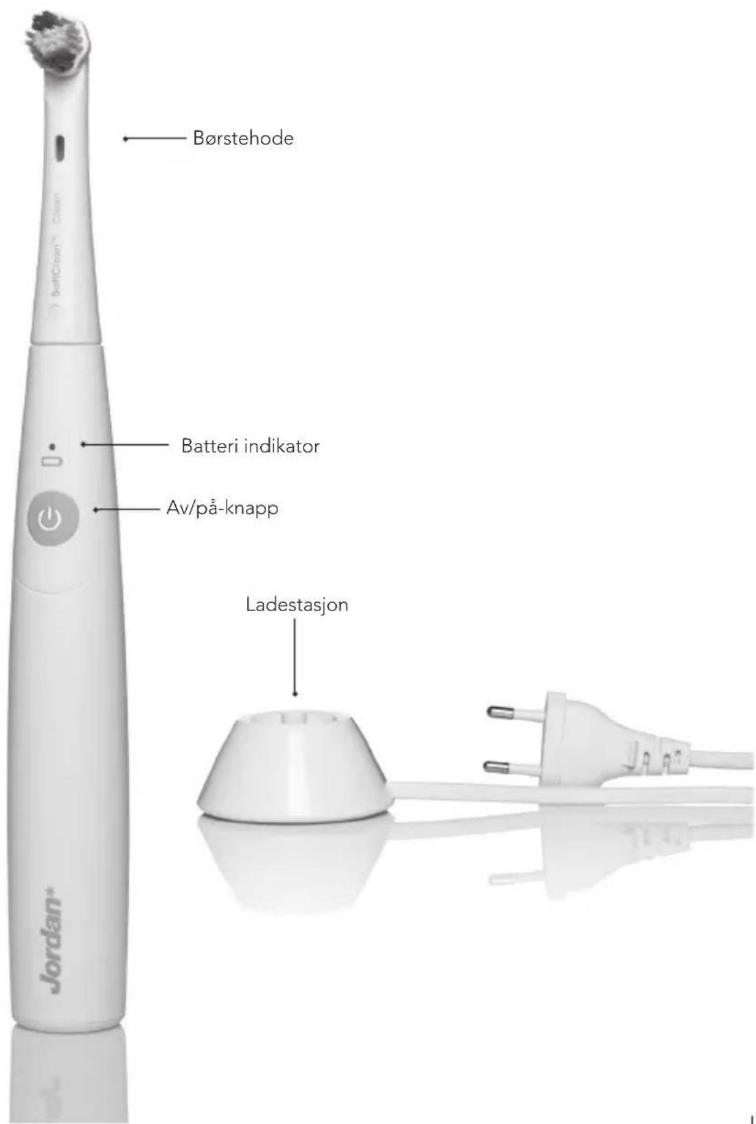 Børstehode Batteri indikator Av/på-knapp Ladestasjon Jordan*