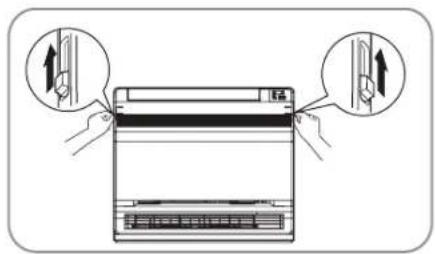 Diagram showing hand positioning of a device with arrows indicating movement, likely illustrating a mechanical or electrical component.