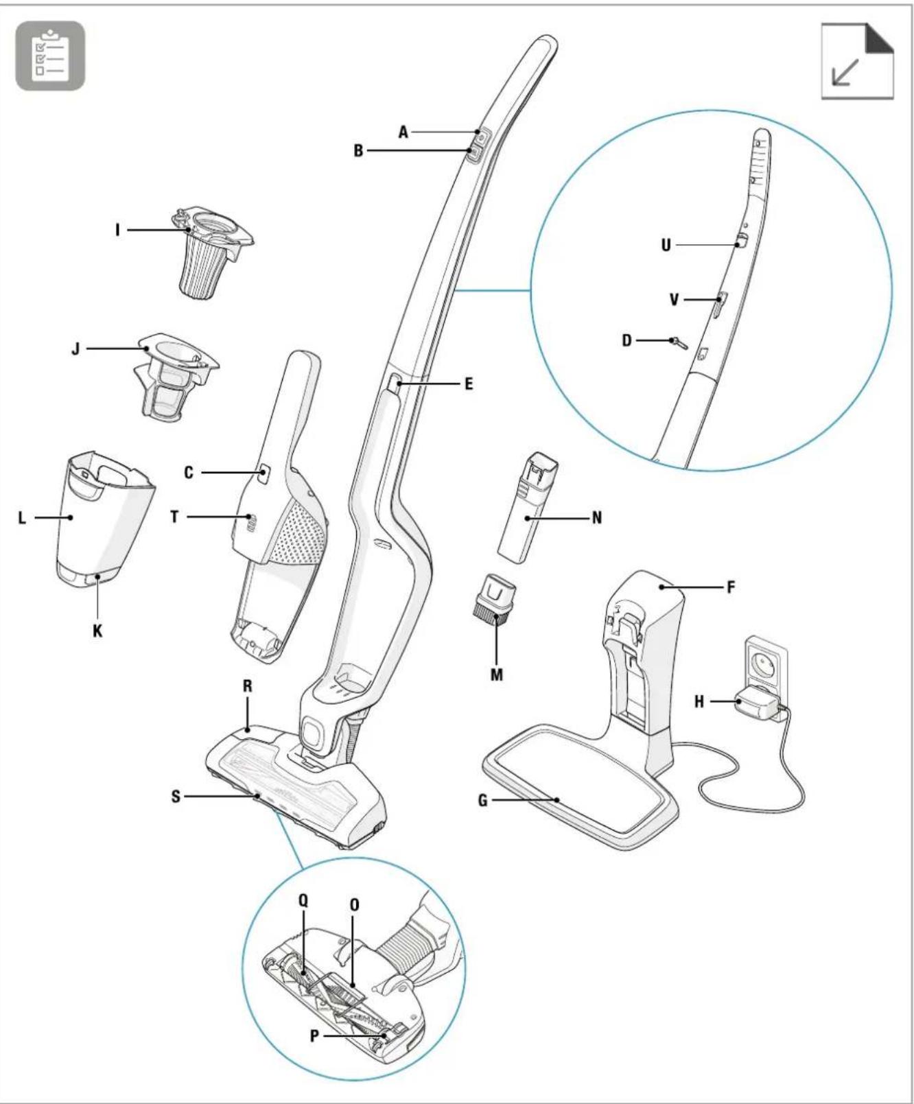 Technical diagram of a vacuum cleaner with labeled parts and exploded view, including internal components and part numbers.
