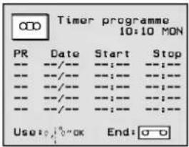 ODD Timer programme 10:10 MON PR Date Start Stop -- --/-- --:-- --:-- -- --/-- --:-- --:-- -- --/-- --:-- --:-- -- --/-- --:-- --:-- Use: 0.0% OK End: 0-0