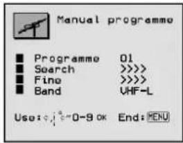 Manual programme ■ Programme 01 ■ Search >>>> ■ Fine >>>> ■ Band UHF-L Use: j=0-9 ok End: MENU
