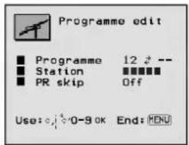 Programme edit ■ Programme 12 ⚡ -- ■ Station ■■■■■ ■ PR skip Off Use: c,j=0-9 OK End: HENU