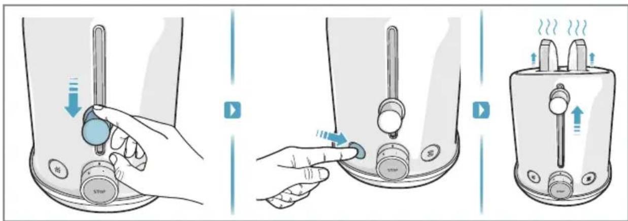 Illustration showing three-step heating process of a device with buttons and temperature indicators