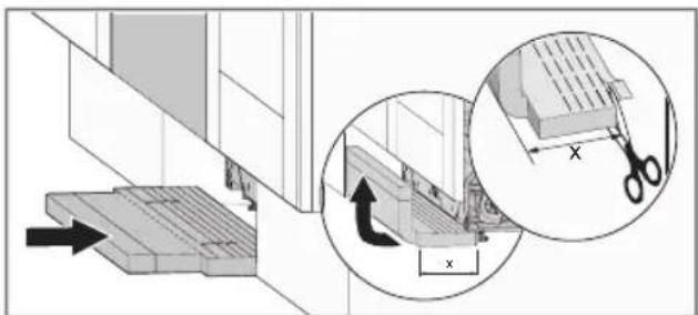 Diagram illustrating a door mechanism with labeled parts and a magnified inset showing a cutting tool and coordinate system.
