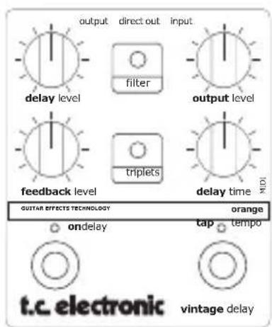 output direct out input delay level filter output level feedback level triplets delay time MDI GUITAR EFFECTS TECHNOLOGY orange ondelay tap tempo t.c. electronic vintage delay
