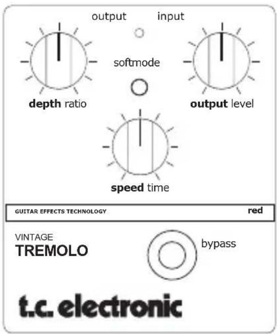 output input softmode depth ratio output level speed time GUITAR EFFECTS TECHNOLOGY red VINTAGE TREMOLO bypass t.c. electronic