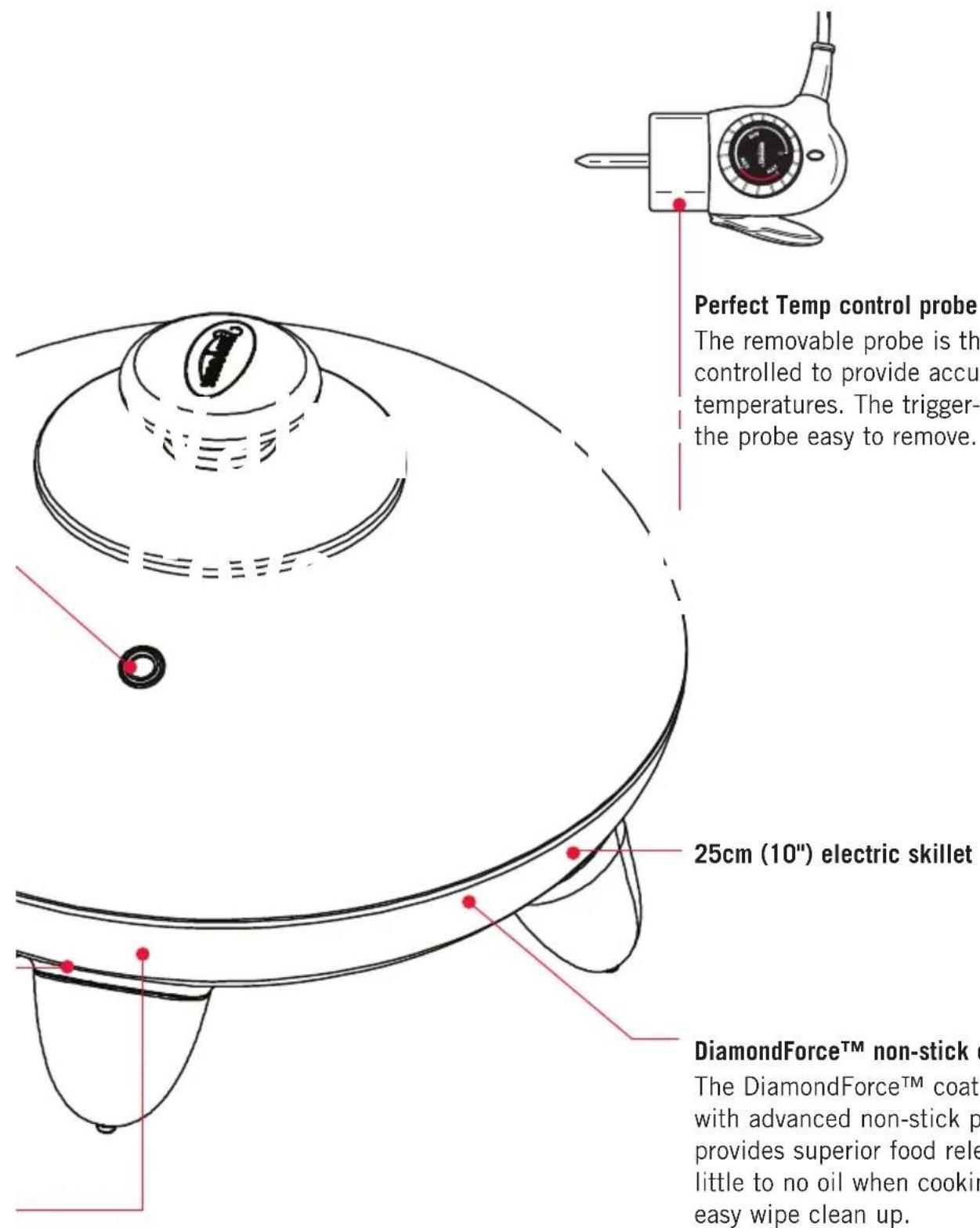 Perfect Temp control probe The removable probe is the controlled to provide accu temperatures. The trigger- the probe easy to remove. 25cm (10") electric skillet DiamondForce™ non-stick The DiamondForce™ coat with advanced non-stick p provides superior food rele little to no oil when cookin easy wipe clean up.