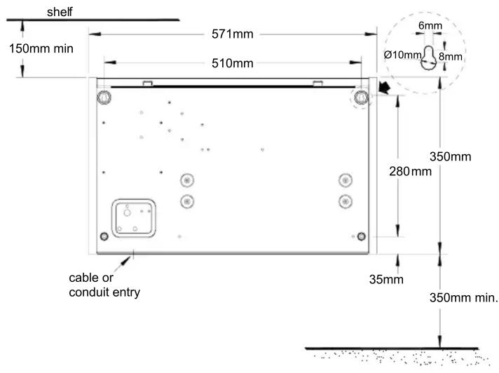 shelf 150mm min 571mm 510mm 6mm Ø10mm 8mm 350mm 280mm 35mm 350mm min. cable or conduit entry